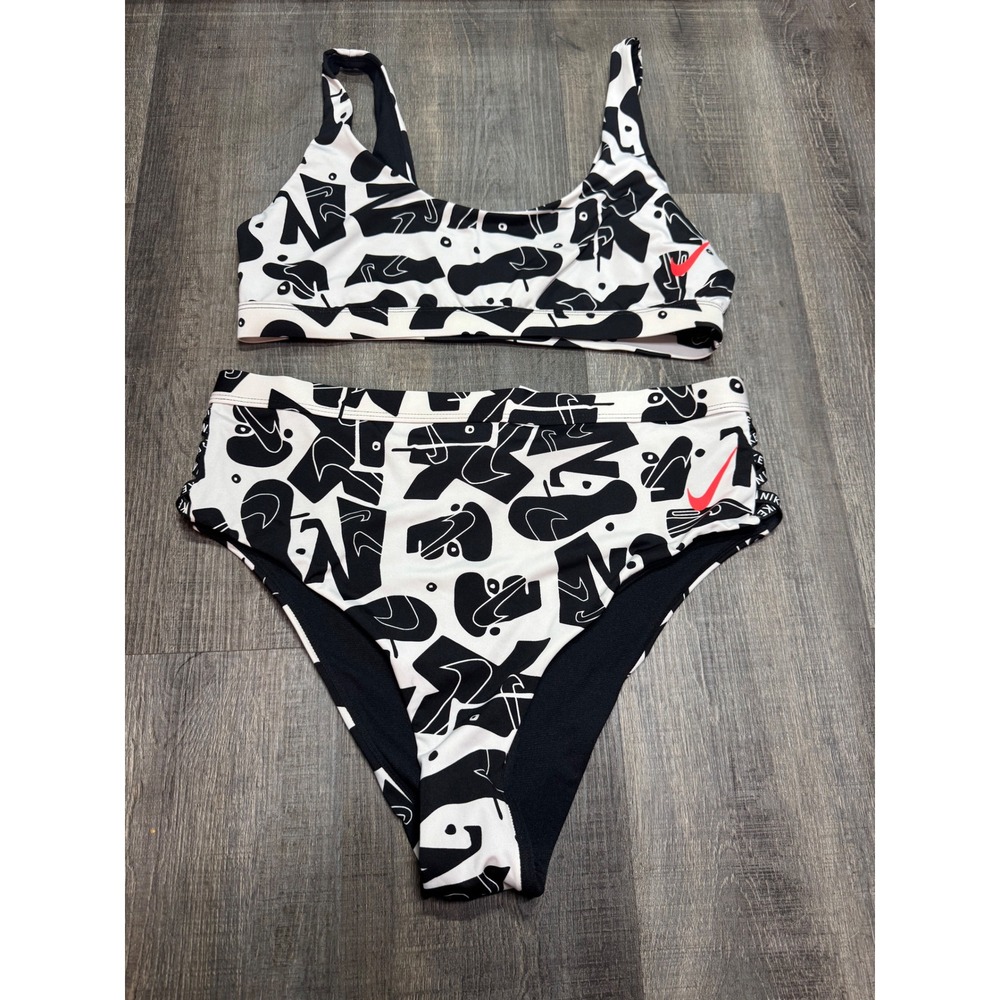 Nike Womens Black White Abstract Logo Print Bikini Set High Waist Large NESSC301